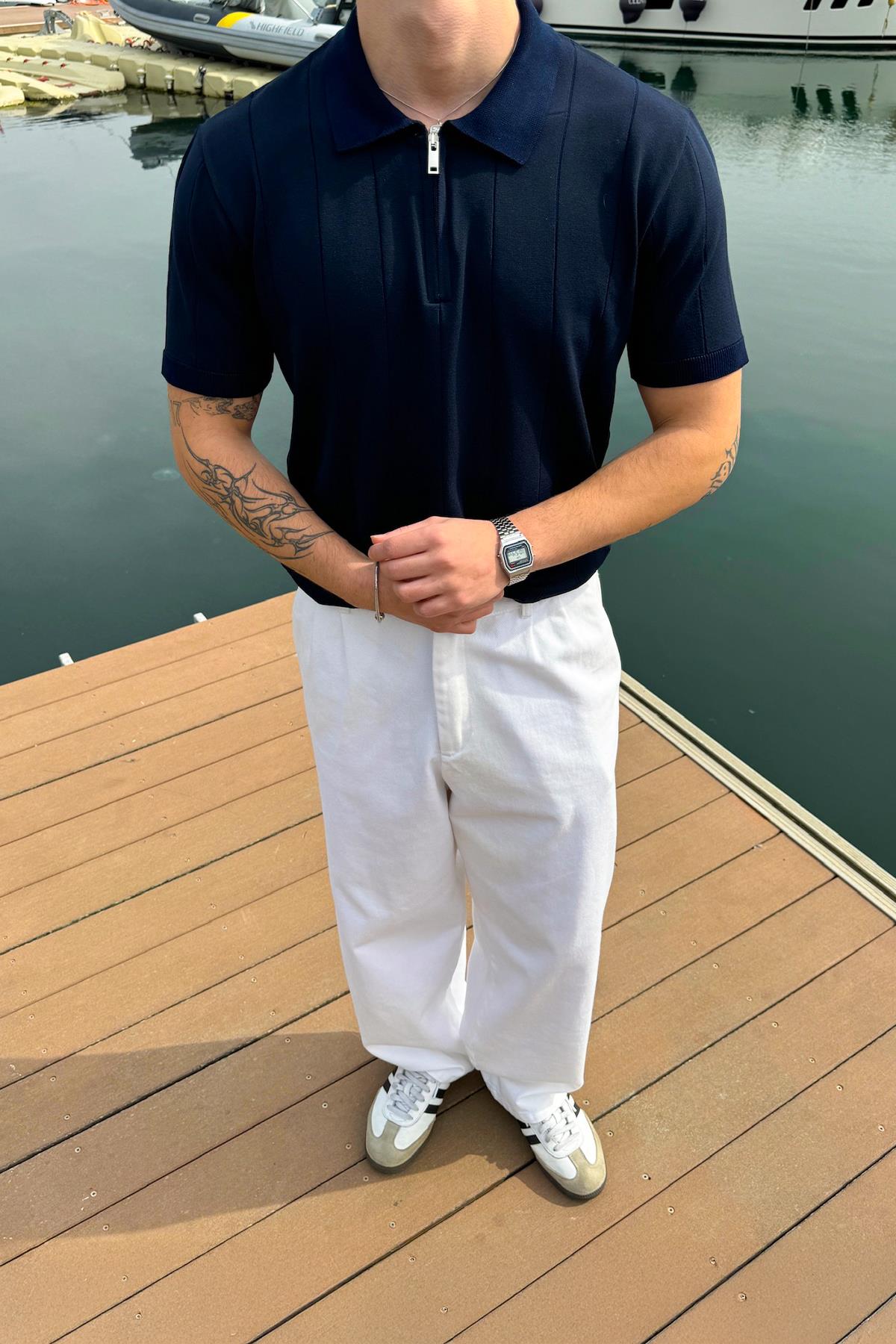 Fermuarlı Çizgi Dikiş Lacivert Triko Tişört