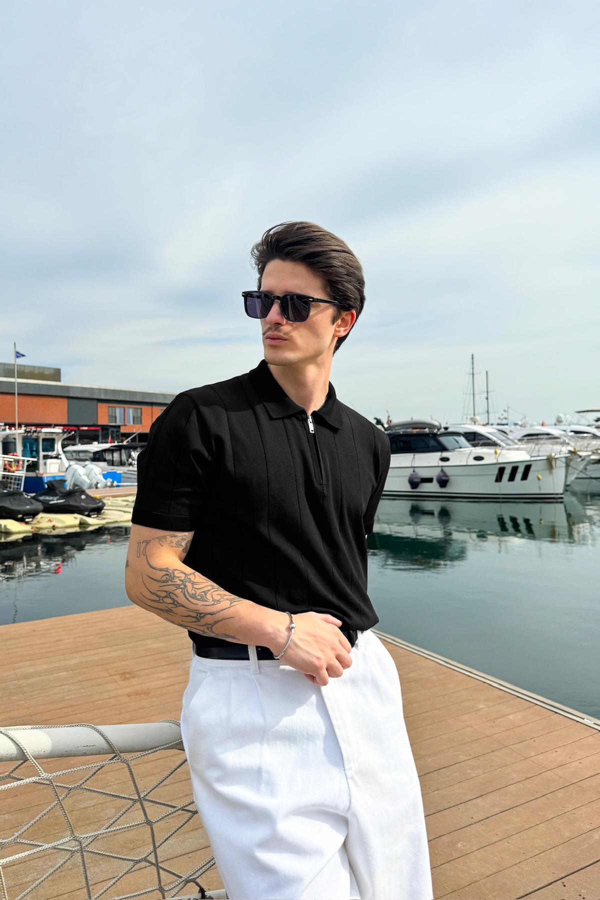 Fermuarlı Çizgi Dikiş Siyah Triko Tişört