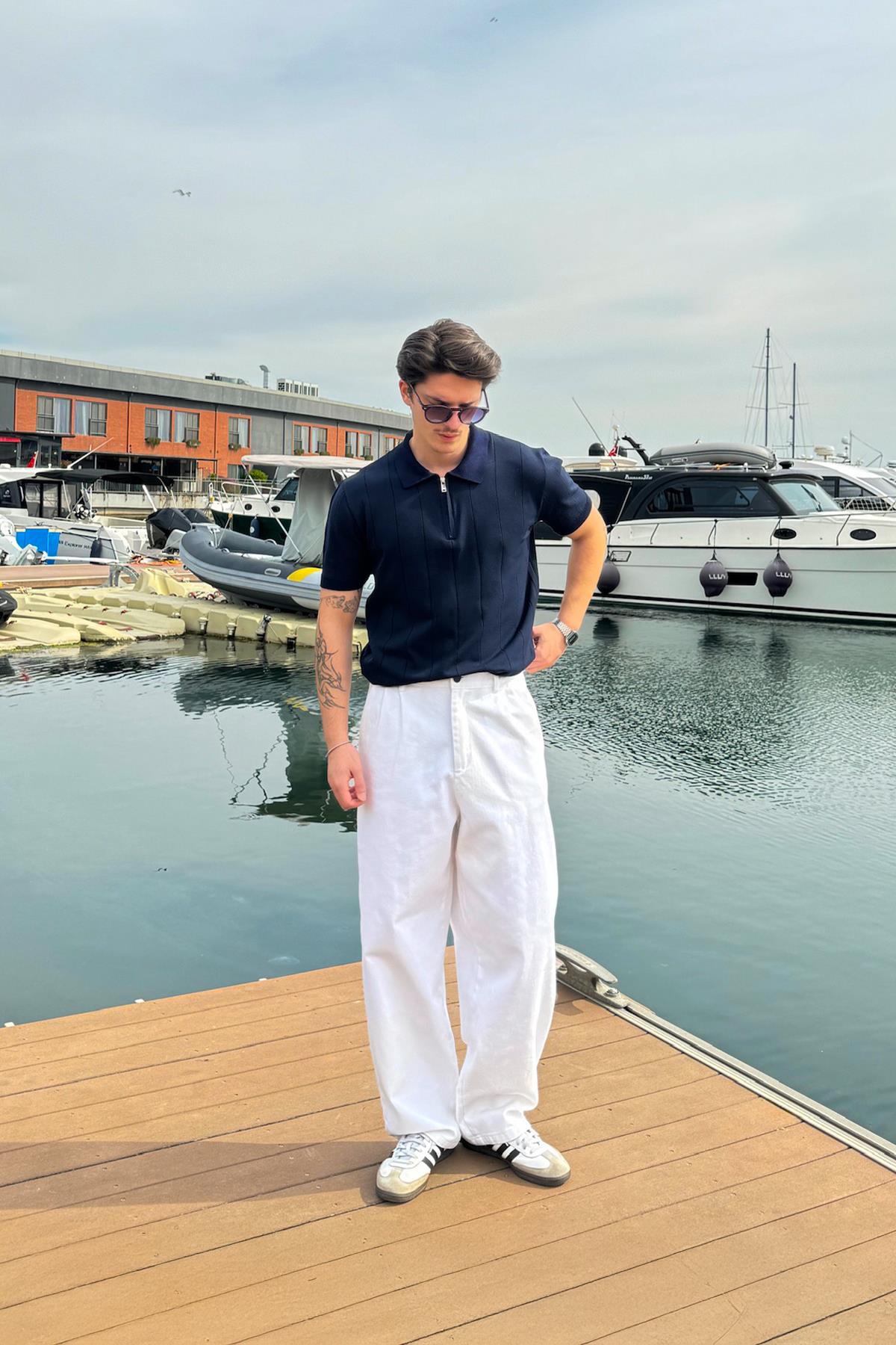 Fermuarlı Çizgi Dikiş Lacivert Triko Tişört