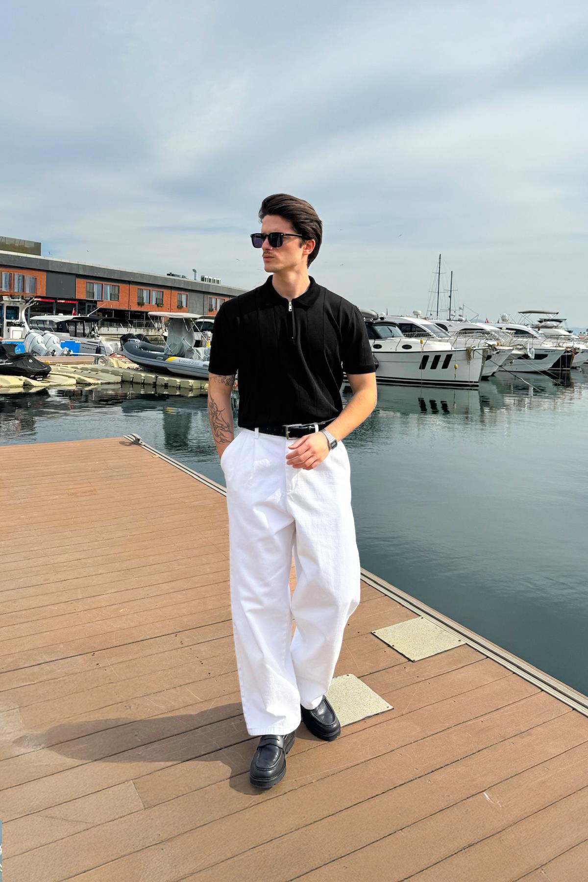 Fermuarlı Çizgi Dikiş Siyah Triko Tişört