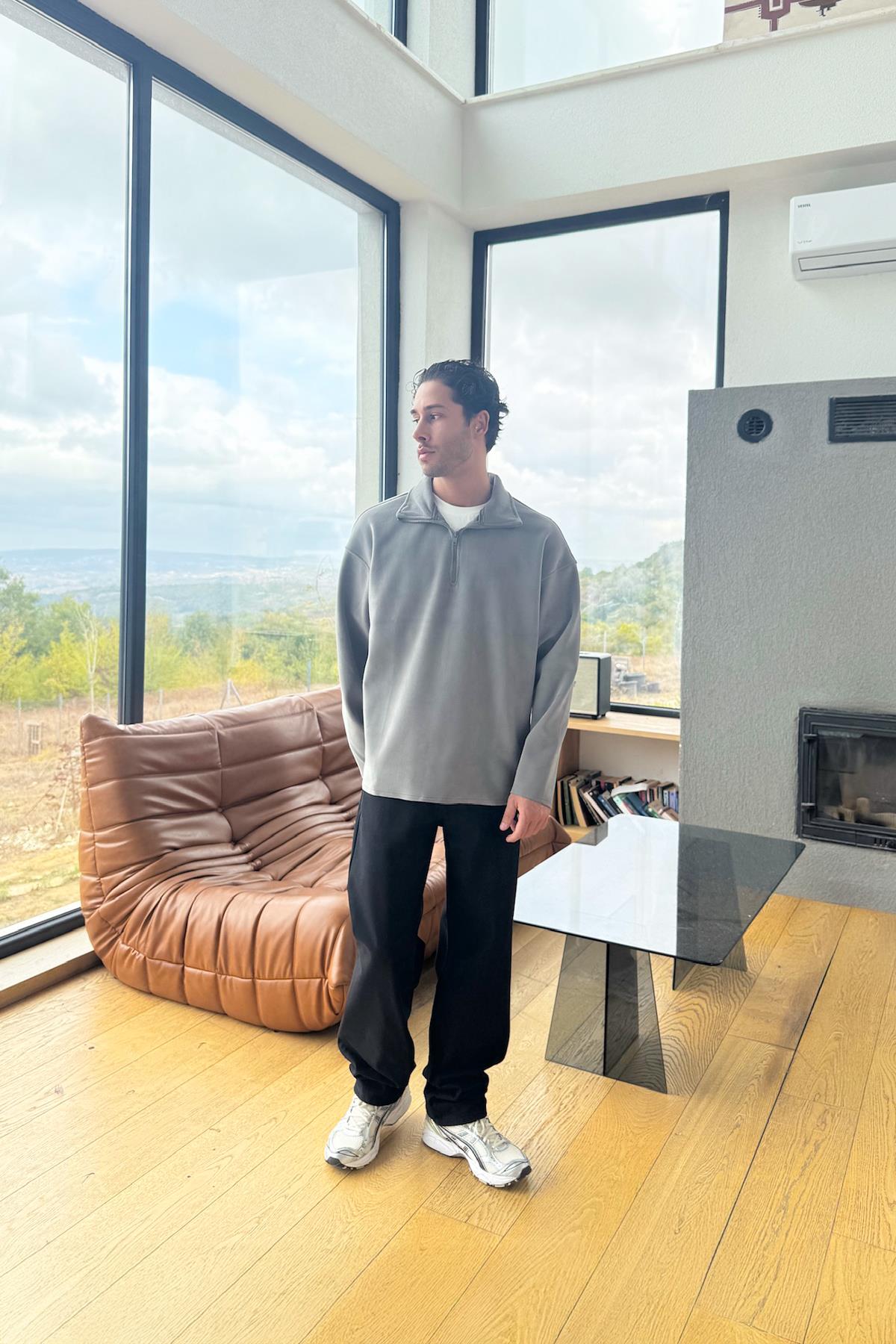 Fermuarlı Polo Yaka Sweatshirt Gri