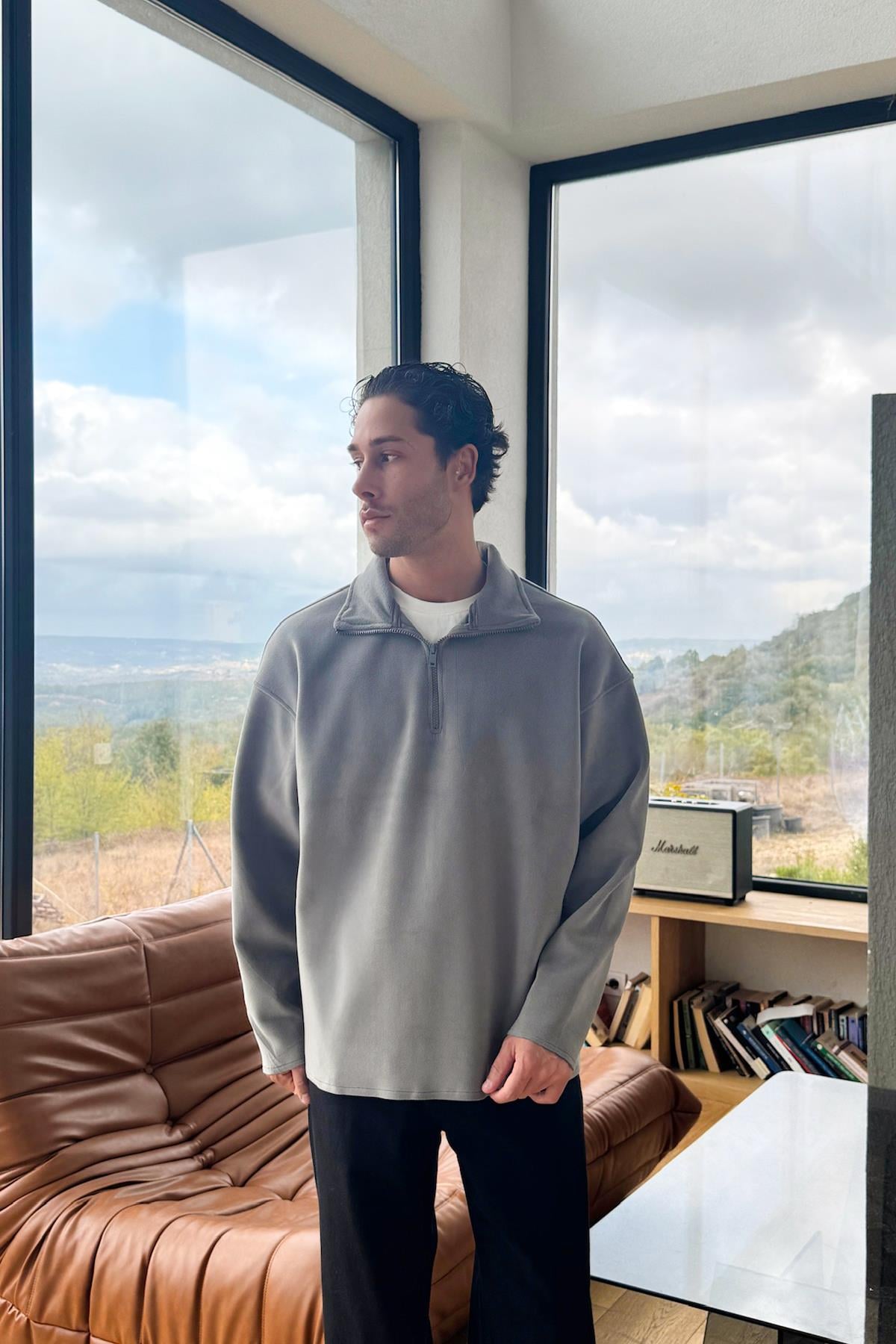 Fermuarlı Polo Yaka Sweatshirt Gri