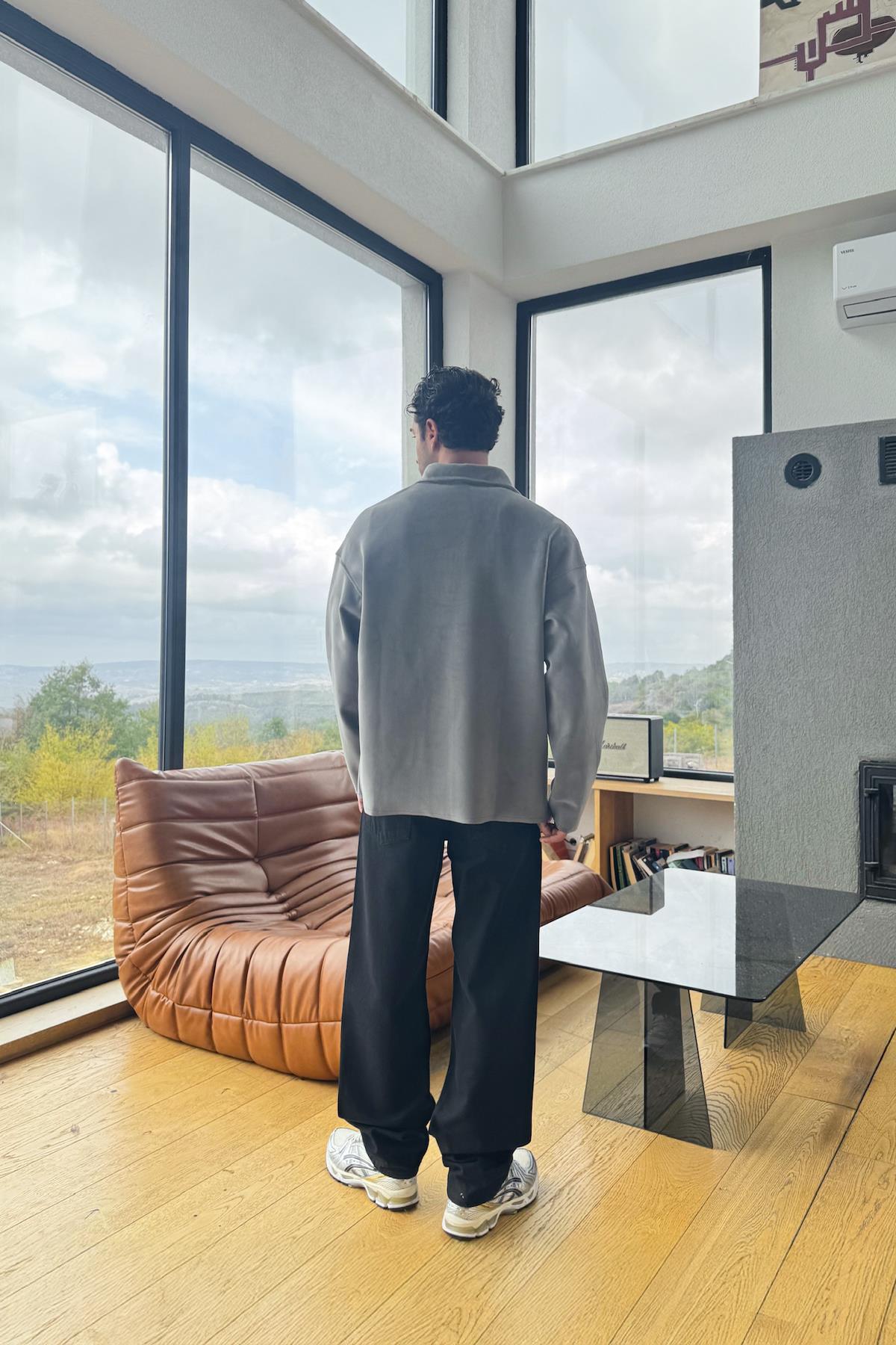 Fermuarlı Polo Yaka Sweatshirt Gri