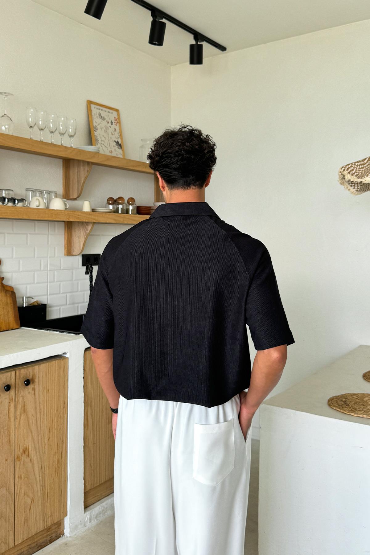 Fermuarlı Polo Yaka Tişört Siyah