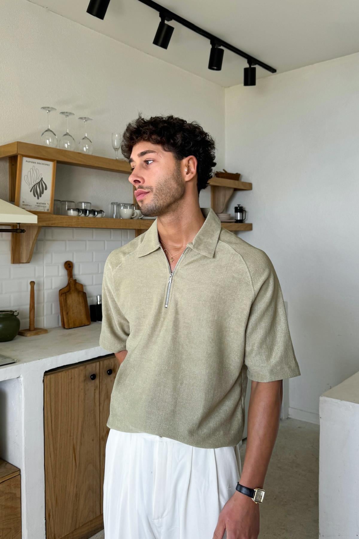 Fermuarlı Polo Yaka Tişört Haki