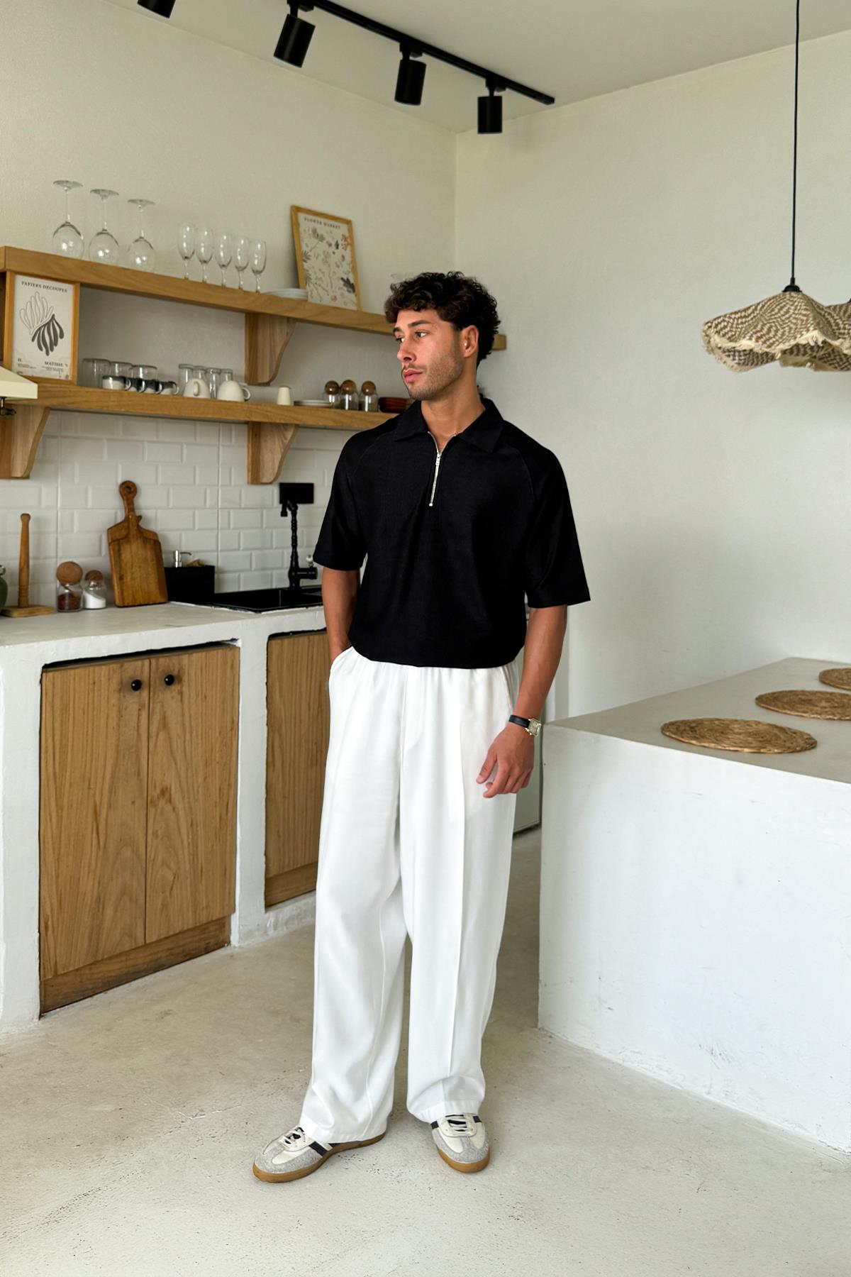 Fermuarlı Polo Yaka Tişört Siyah