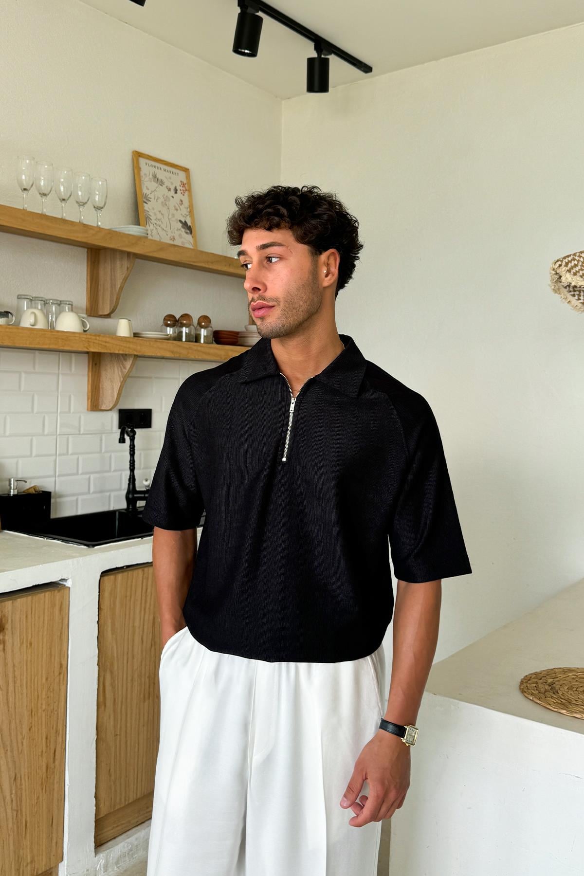 Fermuarlı Polo Yaka Tişört Siyah