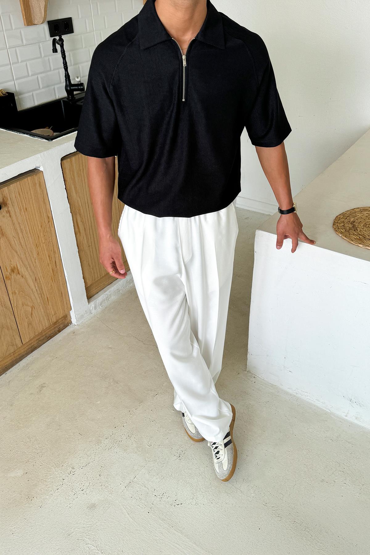 Fermuarlı Polo Yaka Tişört Siyah