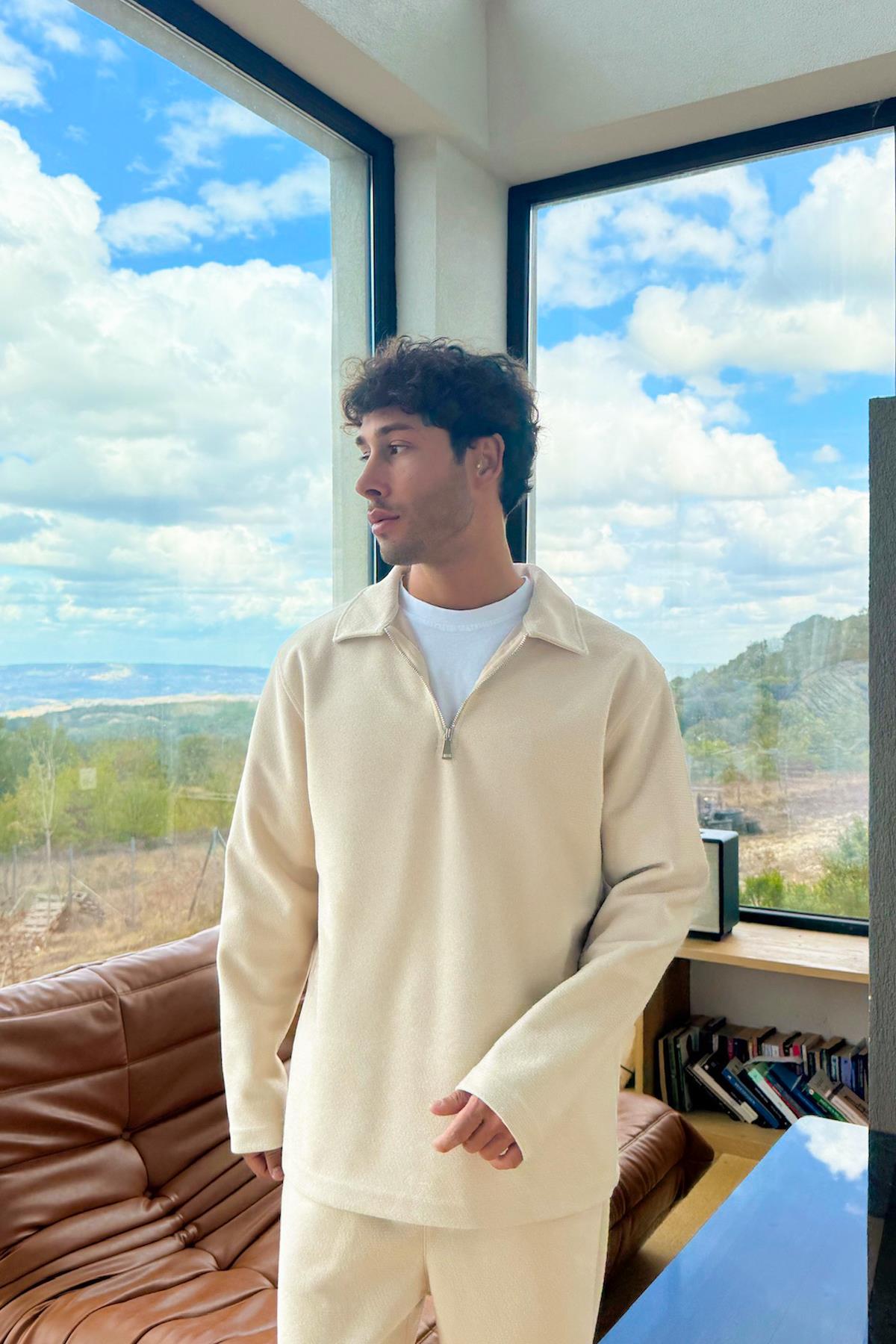 Fermuarlı Sweatshirt Bej