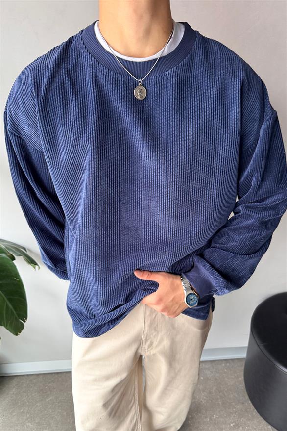 Fitilli Kadife Bisiklet Yaka Lacivert Sweatshirt