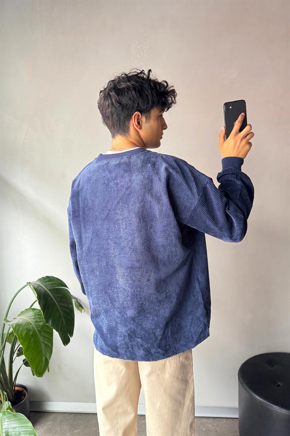 Fitilli Kadife Bisiklet Yaka Lacivert Sweatshirt