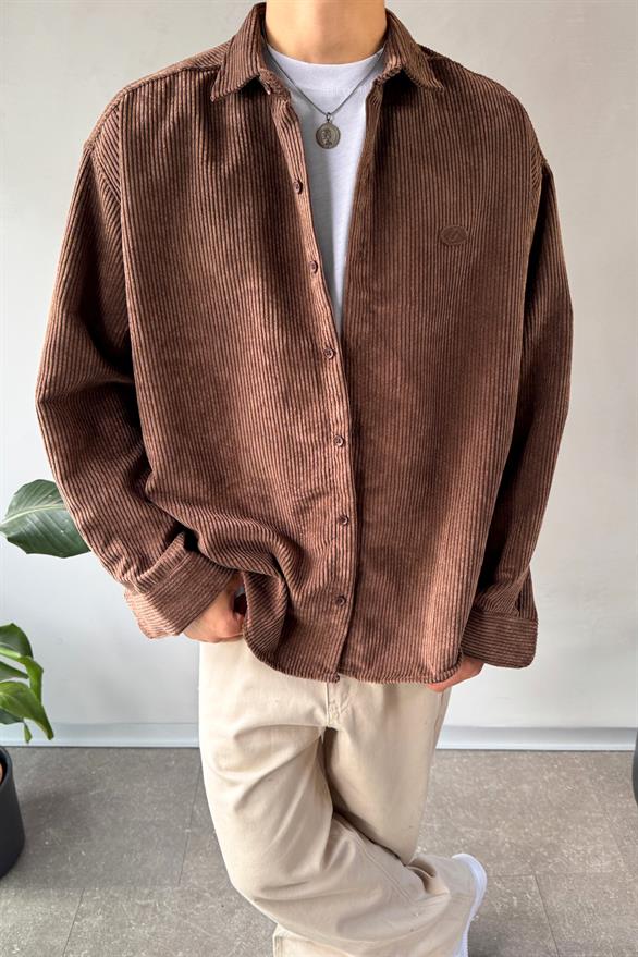 Fitilli Kadife Kahverengi Oversize Gömlek