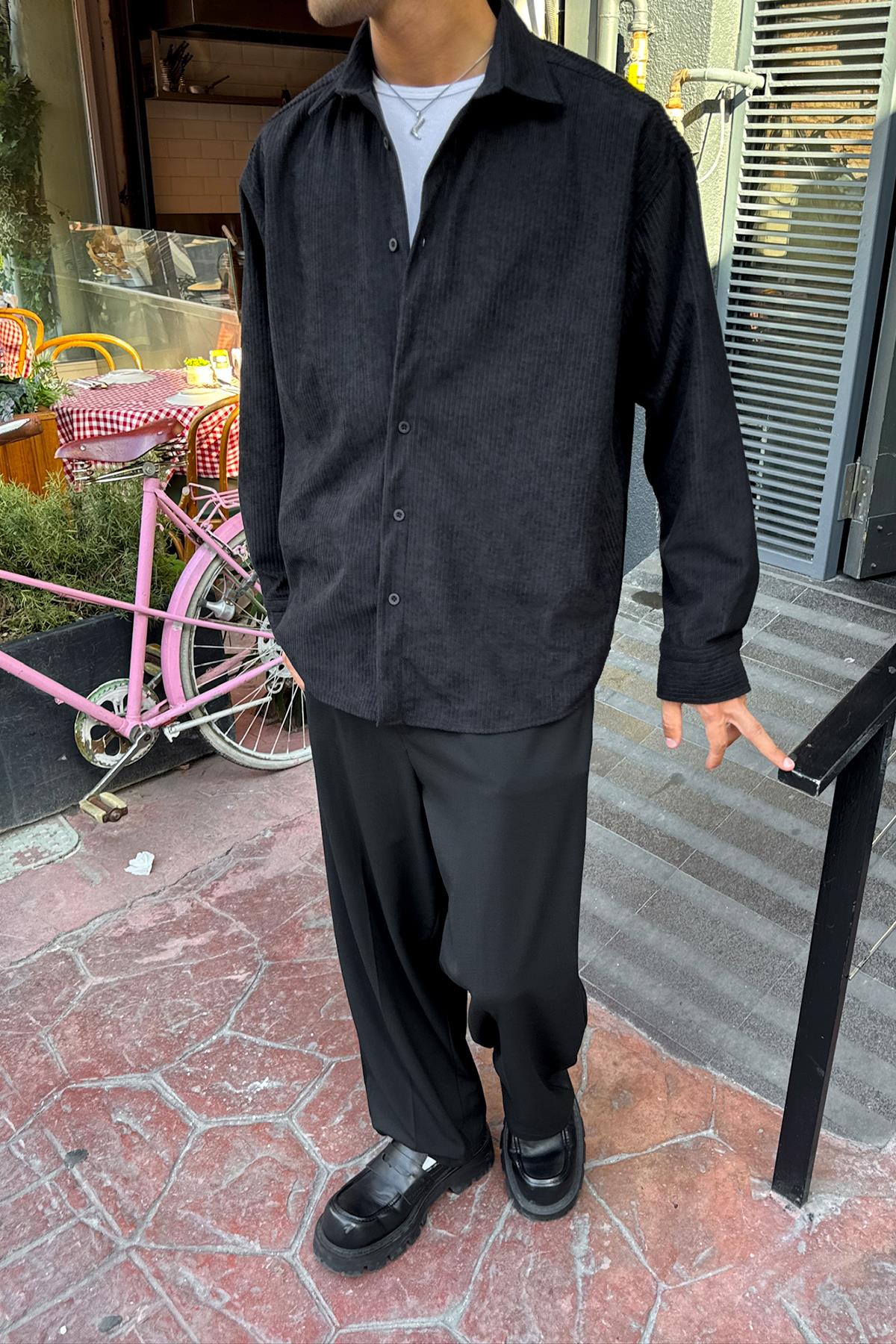 Fitilli Kadife Oversize Gömlek Siyah