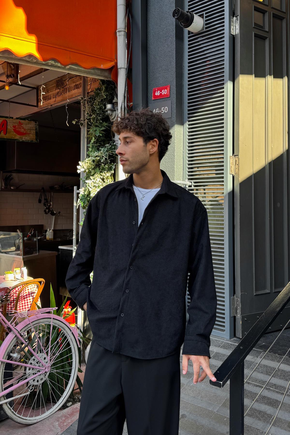 Fitilli Kadife Oversize Gömlek Siyah