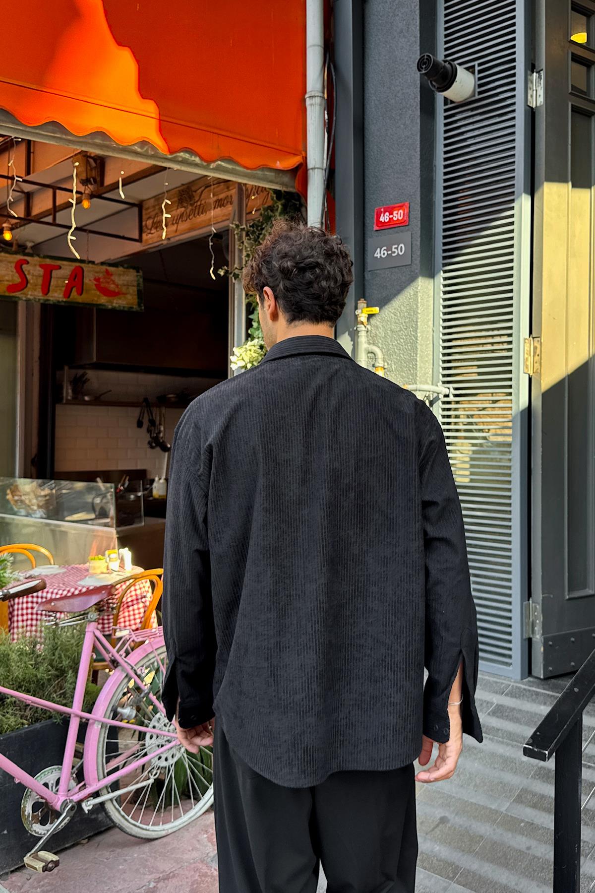 Fitilli Kadife Oversize Gömlek Siyah