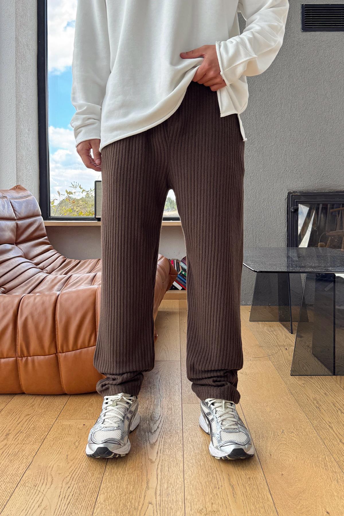 Fitilli Pamuklu Bel Lastikli Pantolon Kahverengi