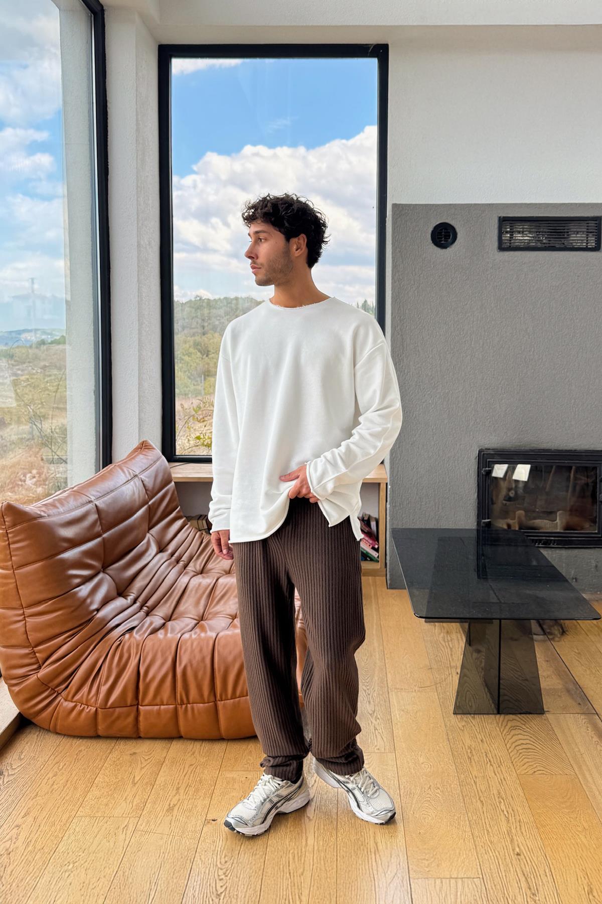 Fitilli Pamuklu Bel Lastikli Pantolon Kahverengi