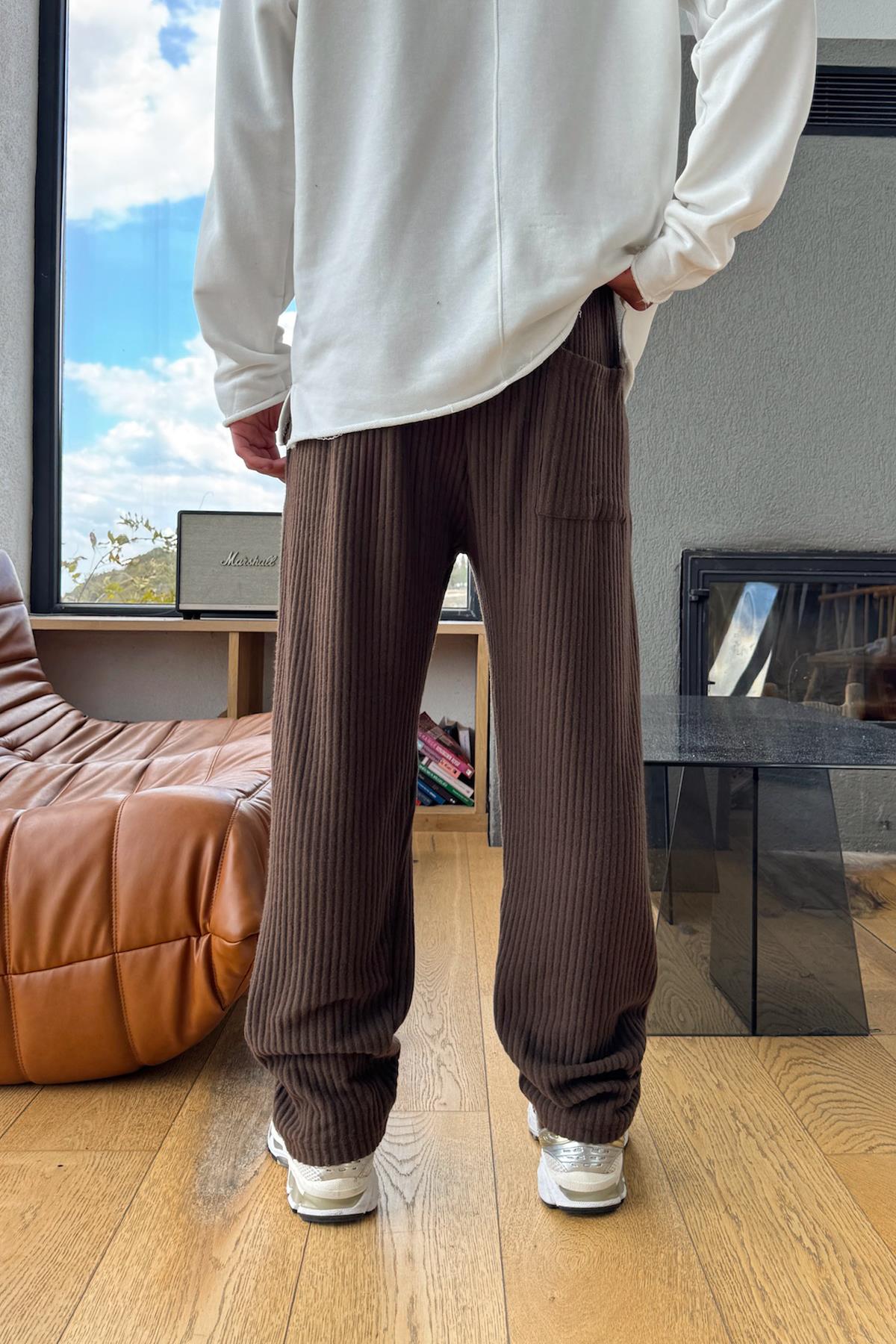 Fitilli Pamuklu Bel Lastikli Pantolon Kahverengi