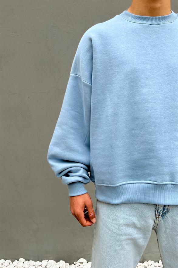 Flaw Atelier Basic Bebek Mavisi İçi Pamuklu Oversize Sweatshirt