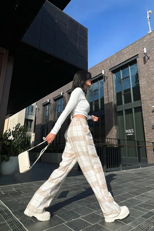 Flaw Atelier Ekose Kalın Kumaş Bej Pijama Eşofman