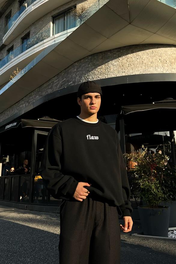 Flaw Atelier Nakışlı Bel Lastkli Siyah Oversize Sweatshirt