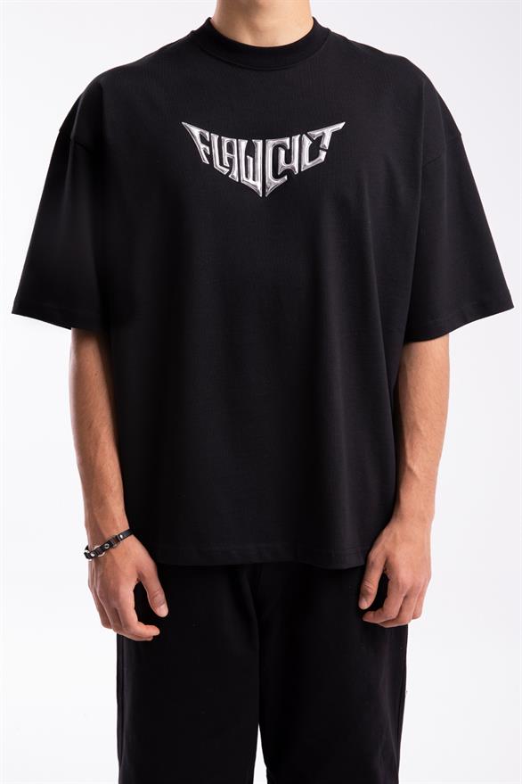 Flaw Cult Hologram Puff Print Siyah Oversize Tshirt