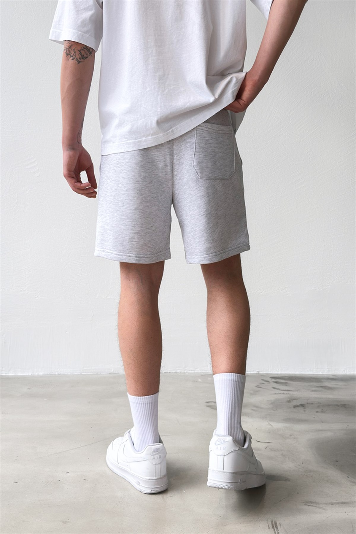 Flaw Nakışlı Bel Lastikli Şort Gri Melanj