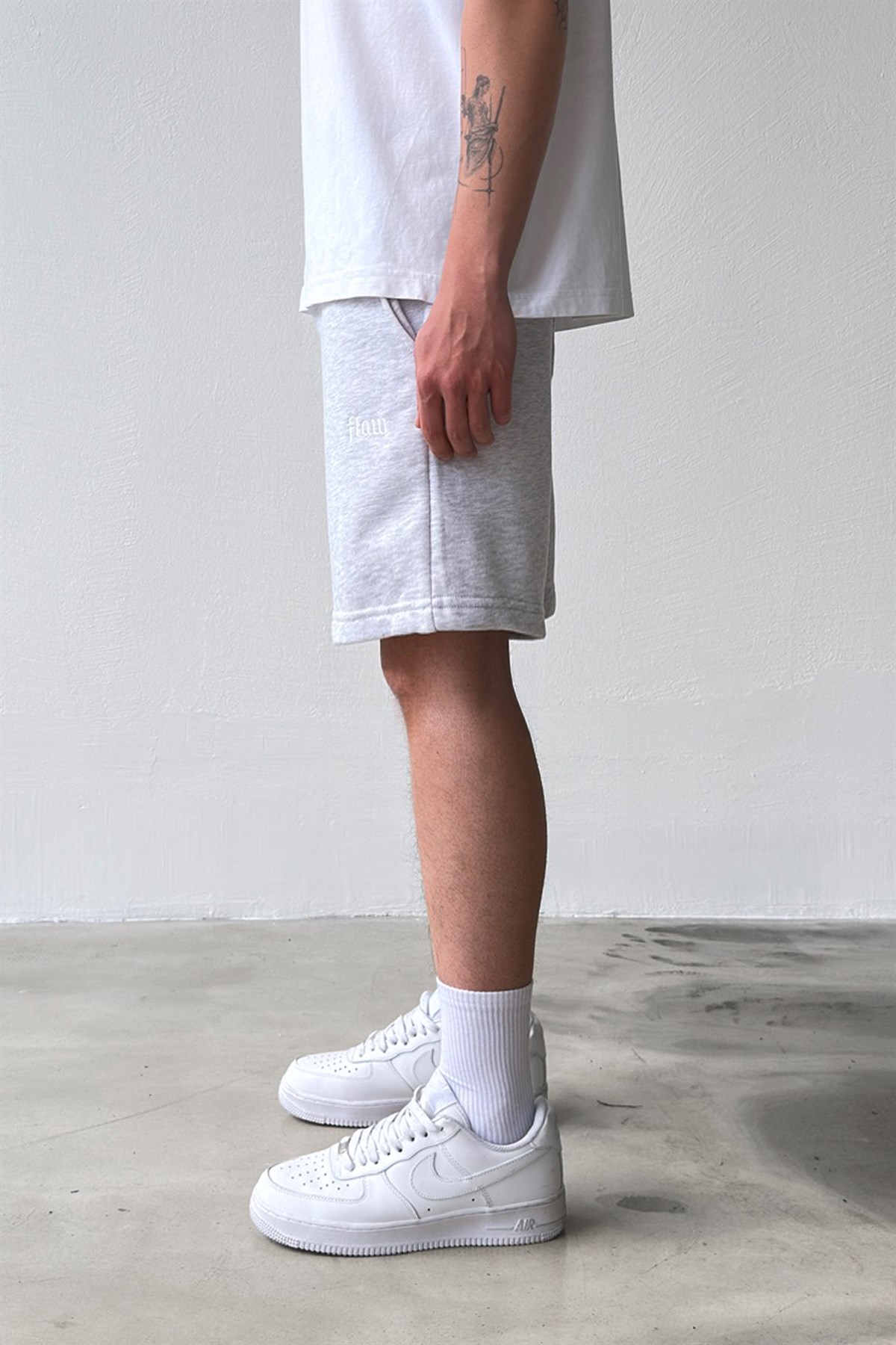 Flaw Nakışlı Bel Lastikli Şort Gri Melanj