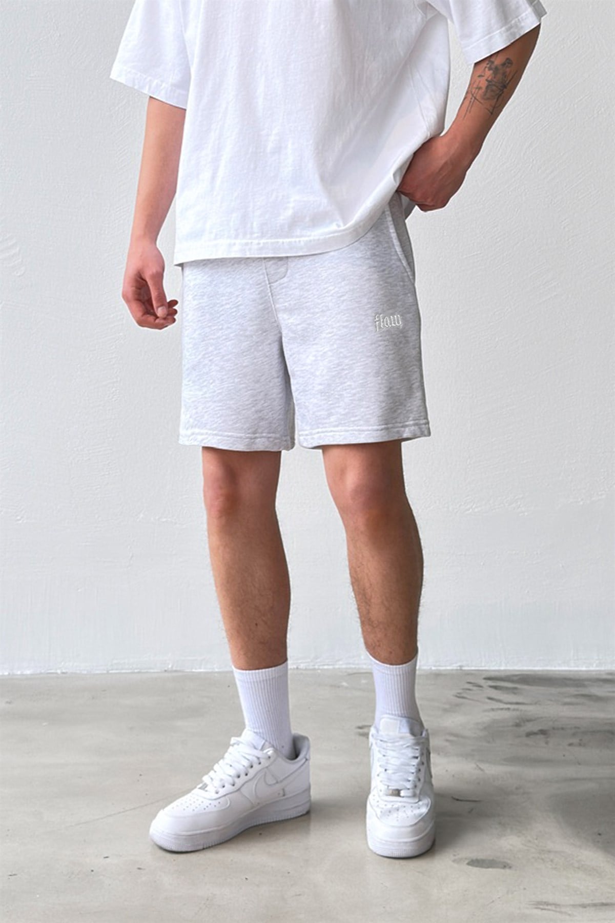 Flaw Nakışlı Bel Lastikli Şort Gri Melanj