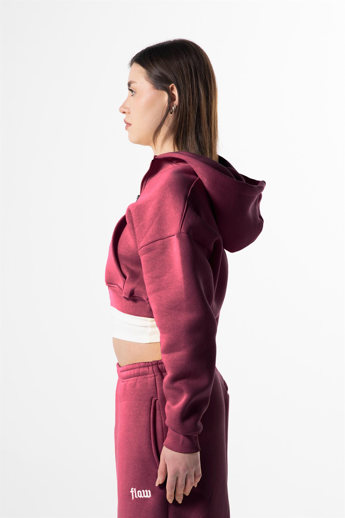 Flaw Nakışlı Bordo Zip Crop