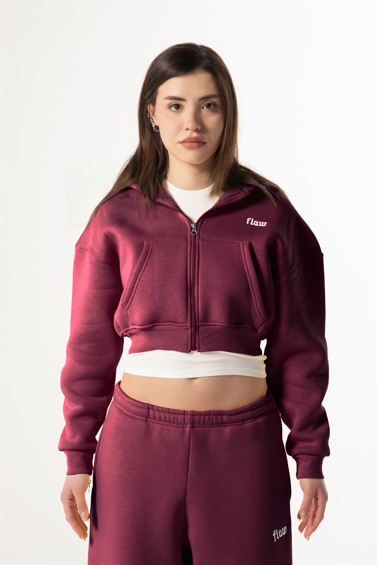 Flaw Nakışlı Bordo Zip Crop