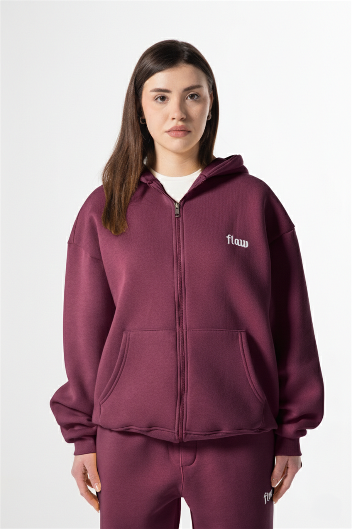 Flaw Nakışlı Bordo Zip Hoodie