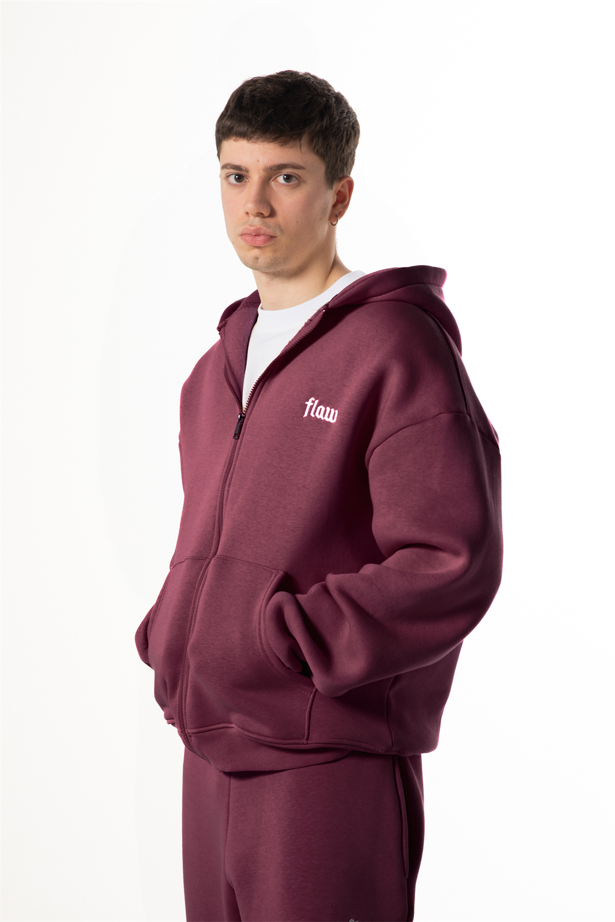 Flaw Nakışlı Bordo Zip Hoodie