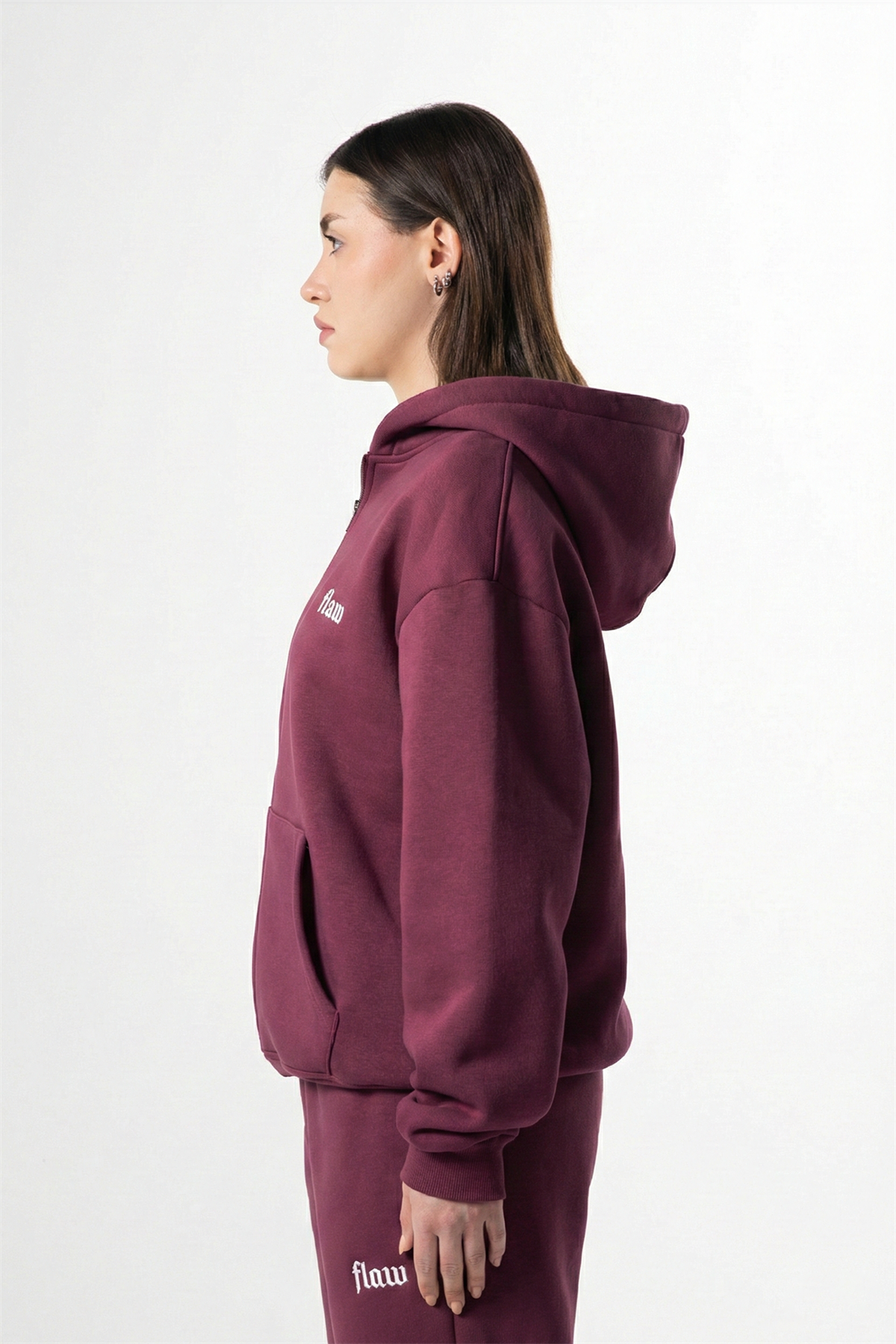 Flaw Nakışlı Bordo Zip Hoodie