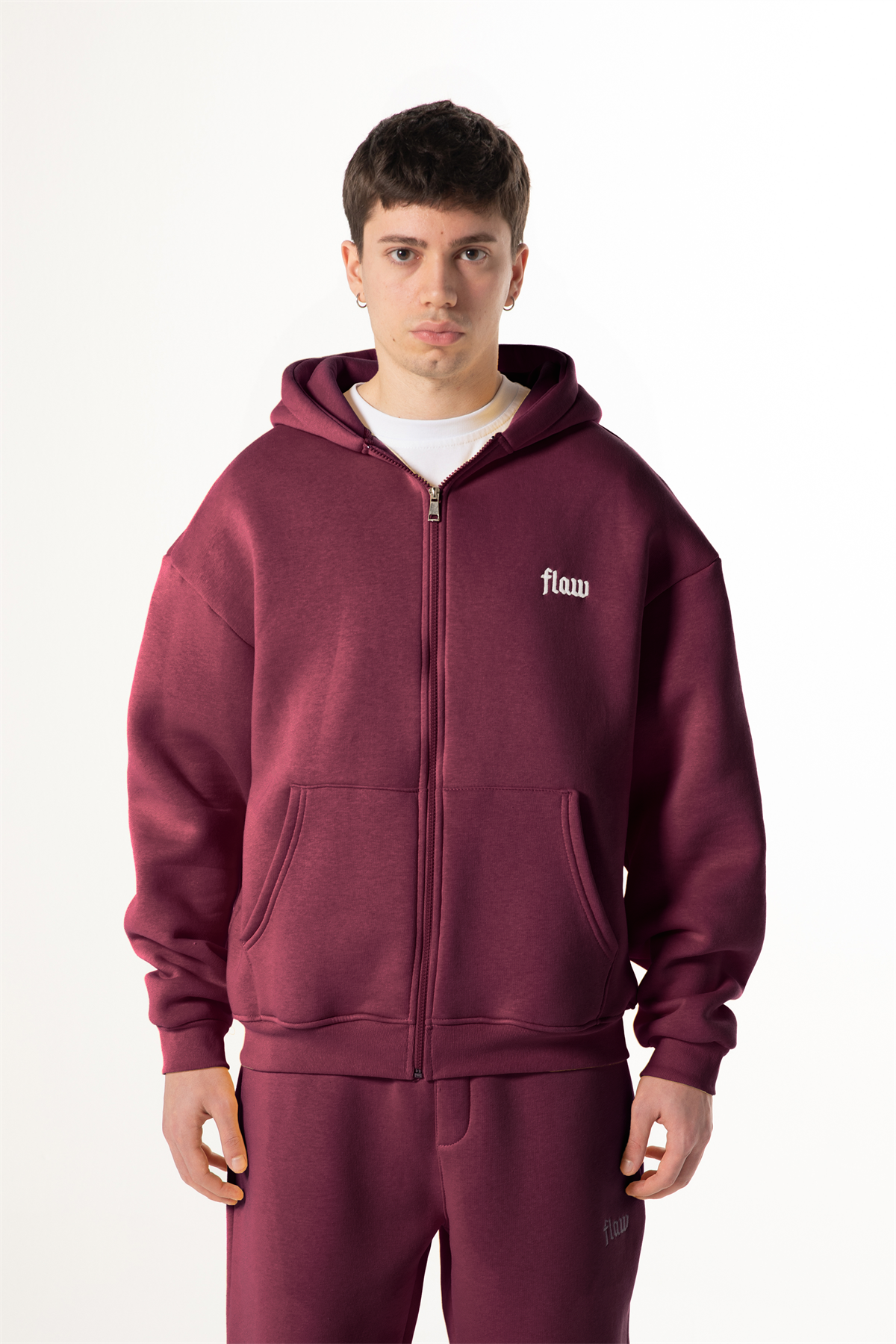 Flaw Nakışlı Bordo Zip Hoodie