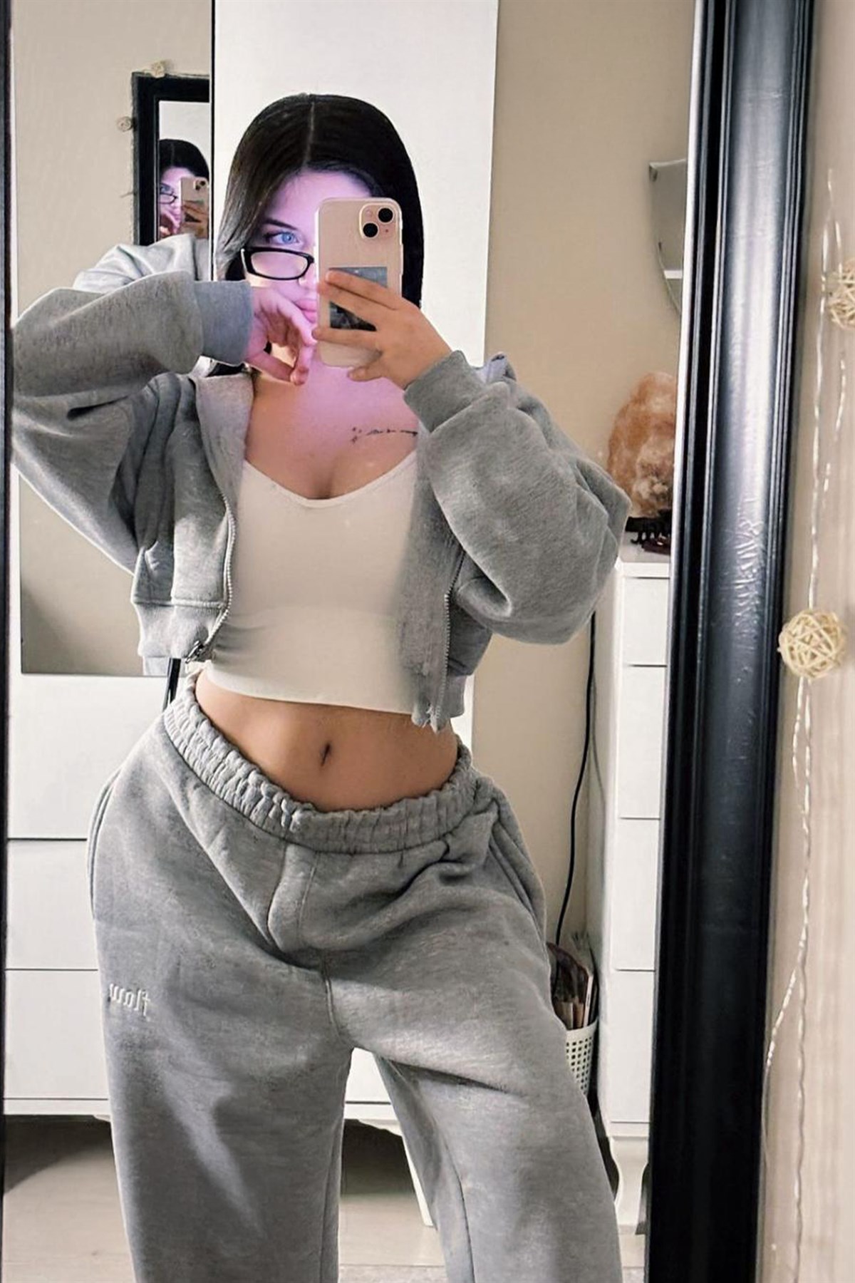 Flaw Nakışlı Gri Melanj Zip Crop