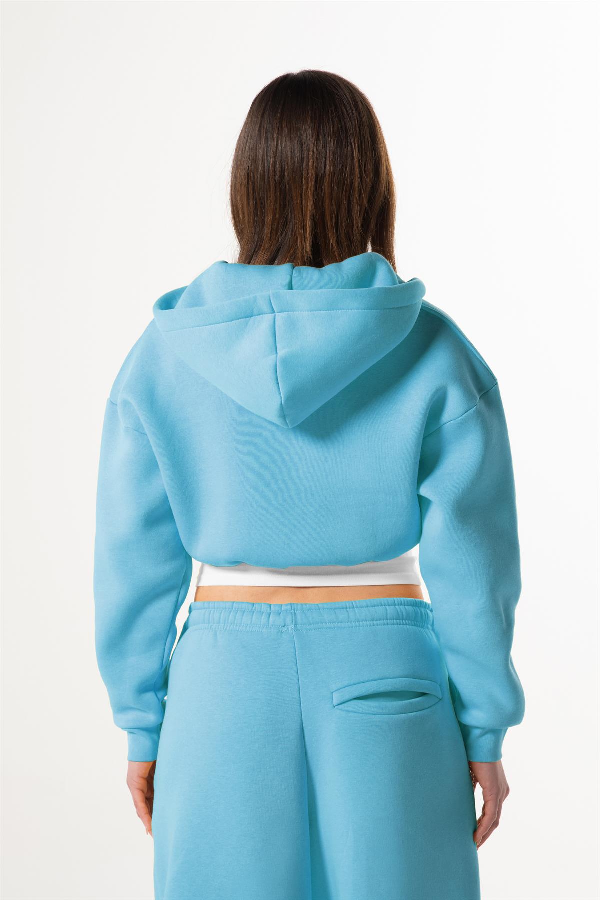 Flaw Nakışlı Mavi Zip Crop