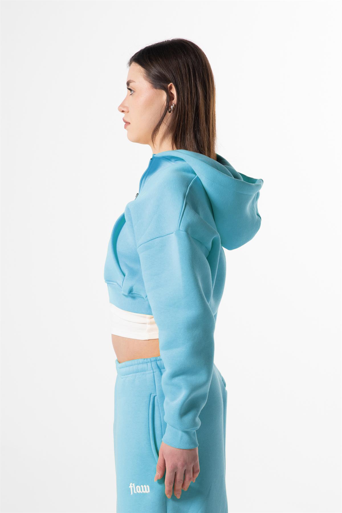 Flaw Nakışlı Mavi Zip Crop