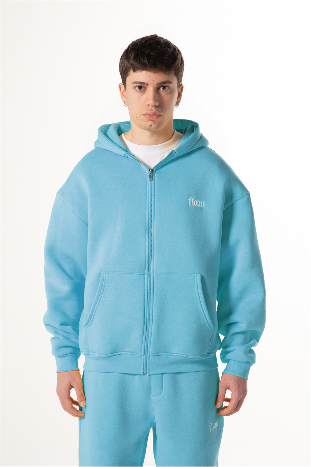 Flaw Nakışlı Mavi Zip Hoodie