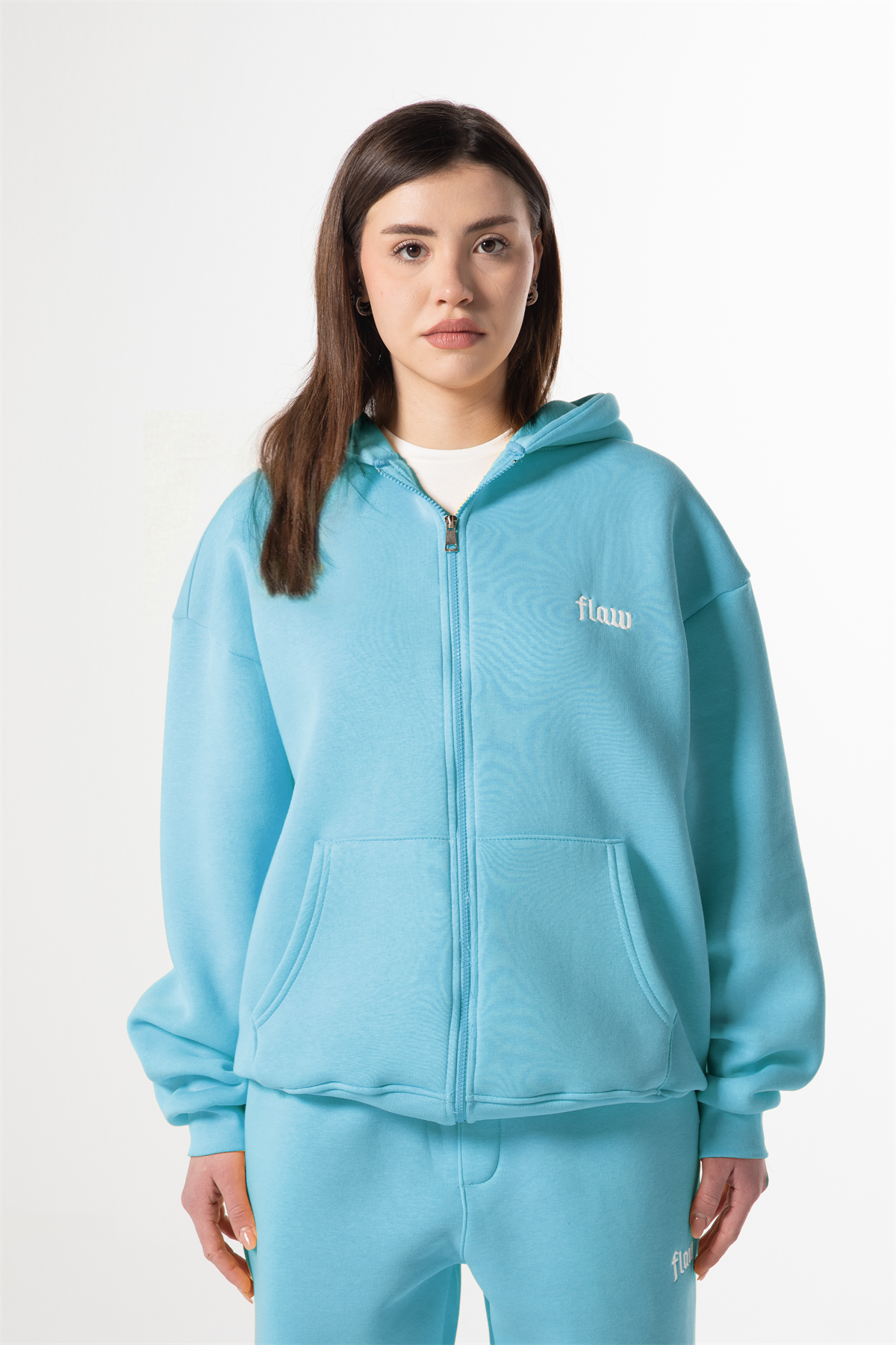 Flaw Nakışlı Mavi Zip Hoodie