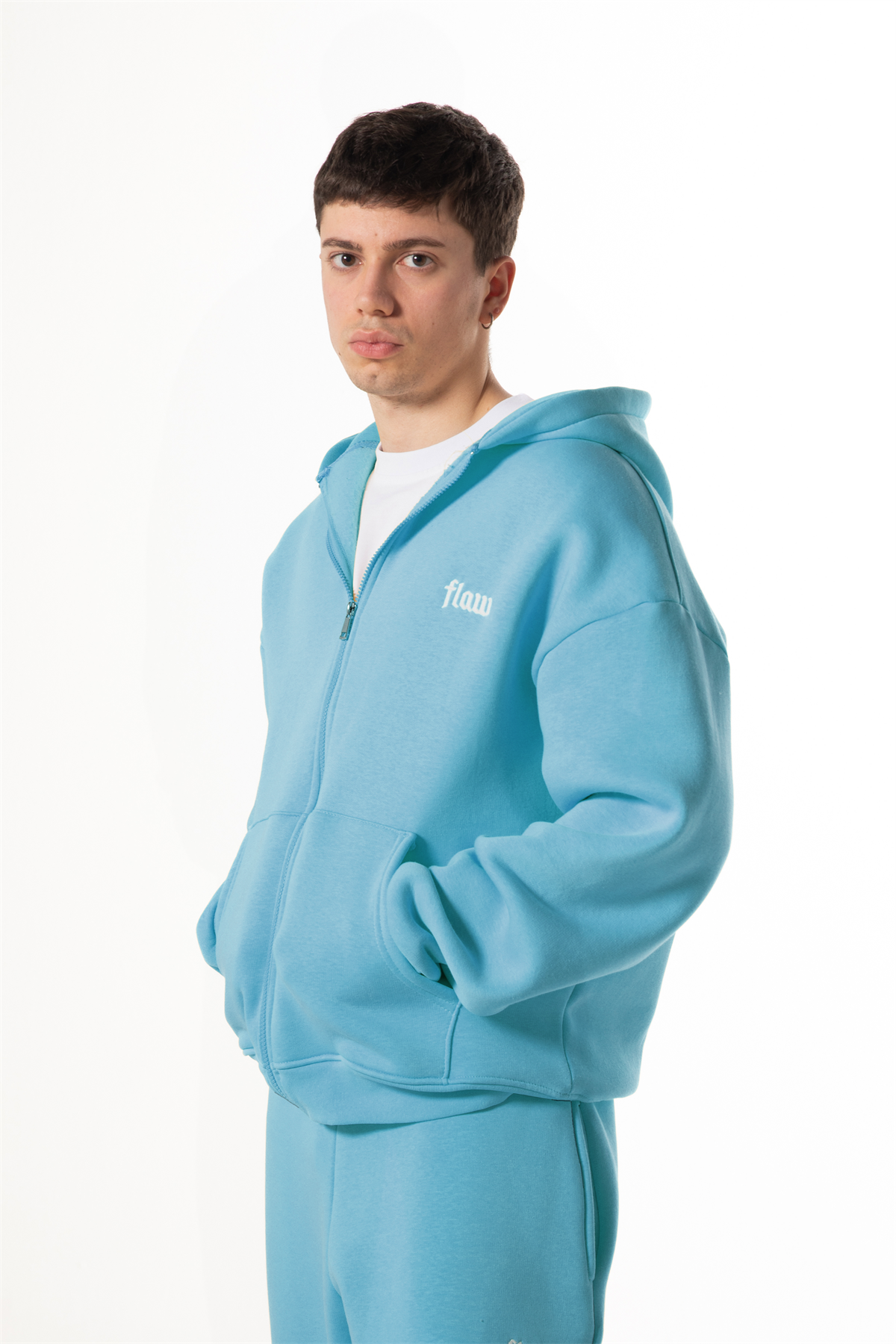 Flaw Nakışlı Mavi Zip Hoodie