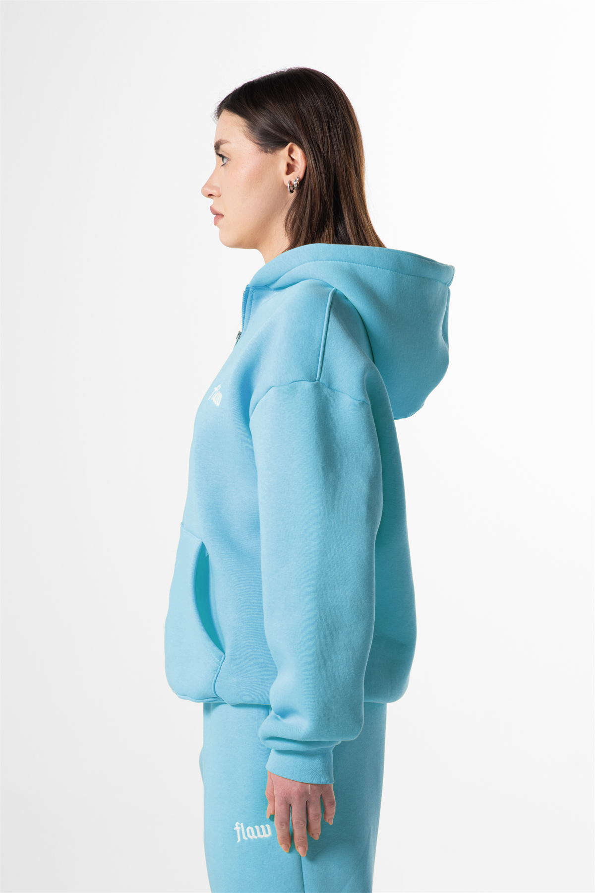 Flaw Nakışlı Mavi Zip Hoodie