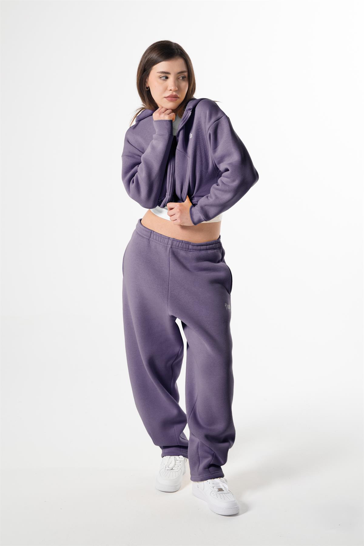 Flaw Nakışlı Mor Zip Crop