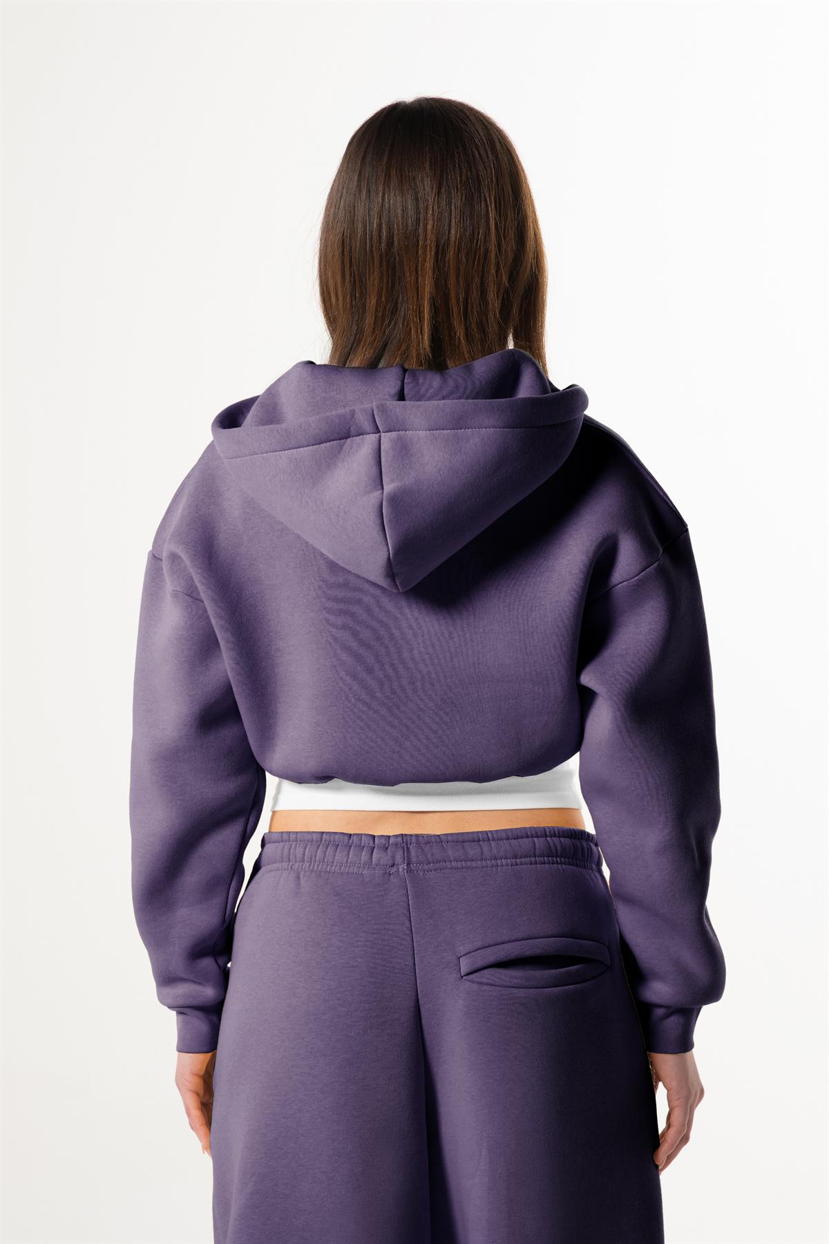 Flaw Nakışlı Mor Zip Crop