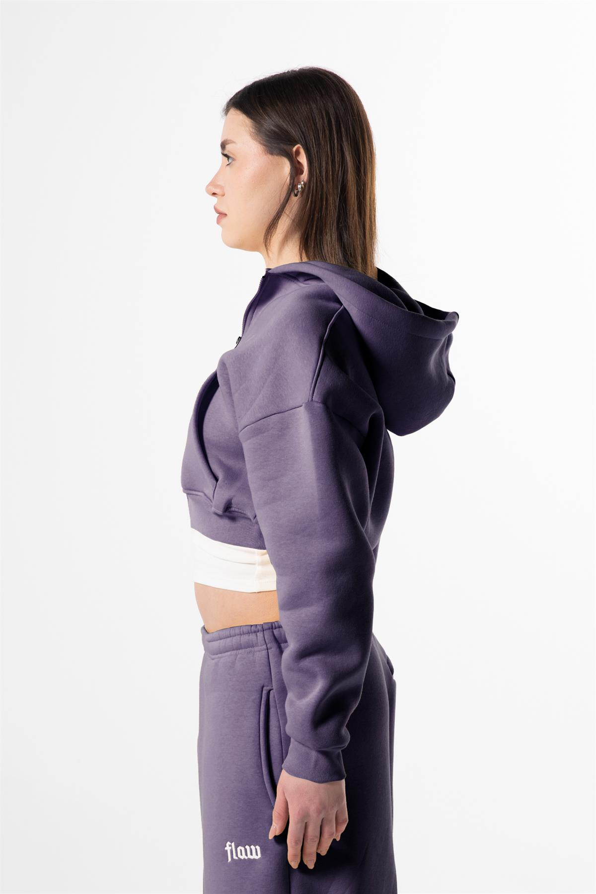 Flaw Nakışlı Mor Zip Crop