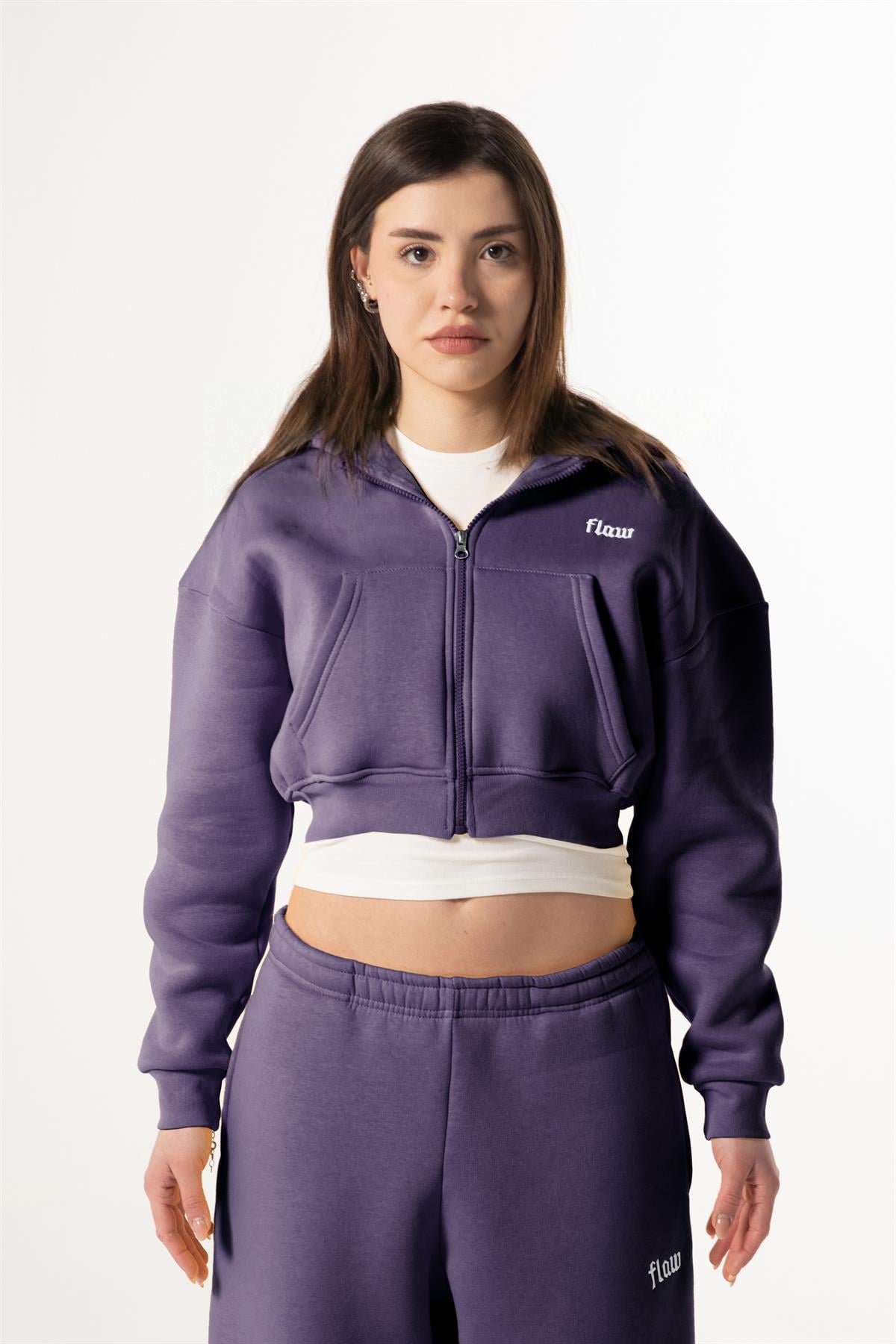 Flaw Nakışlı Mor Zip Crop