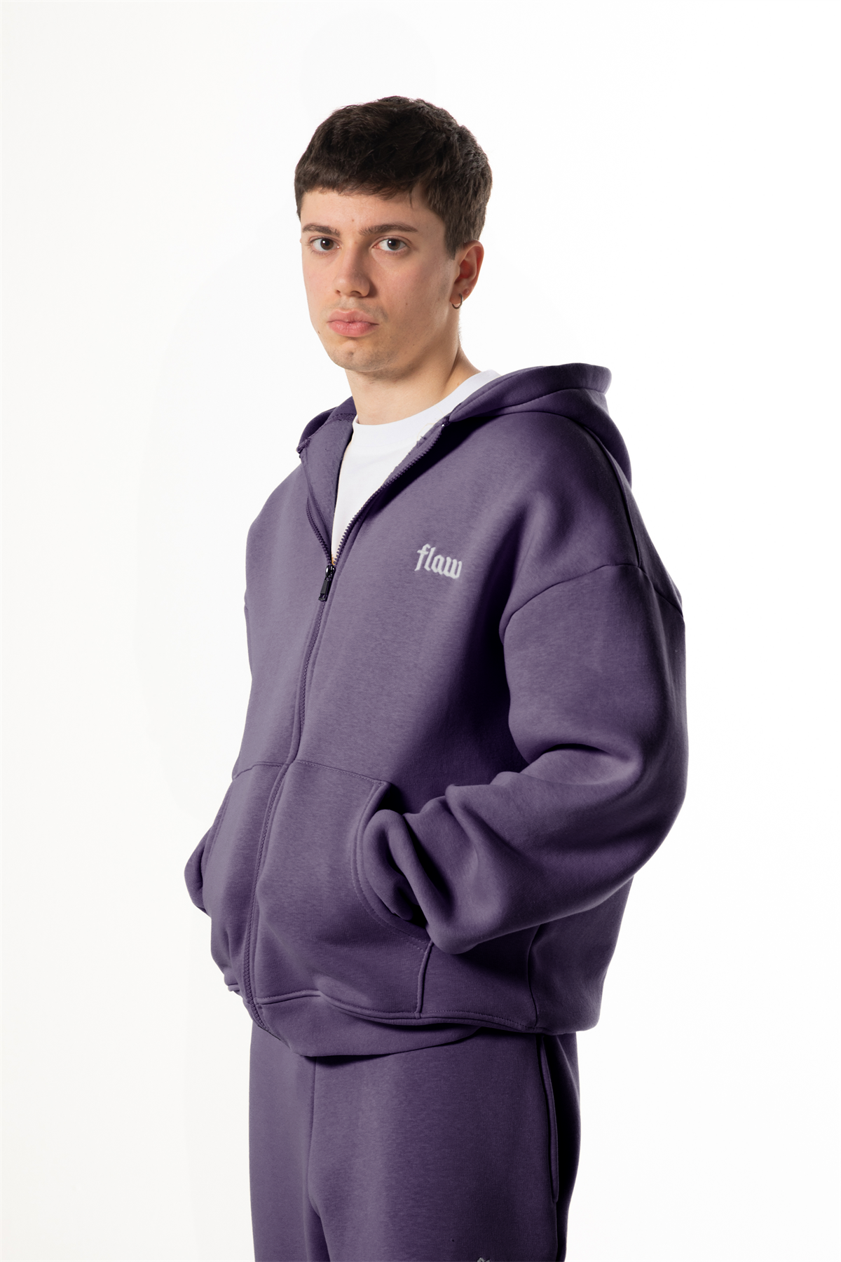 Flaw Nakışlı Mor Zip Hoodie