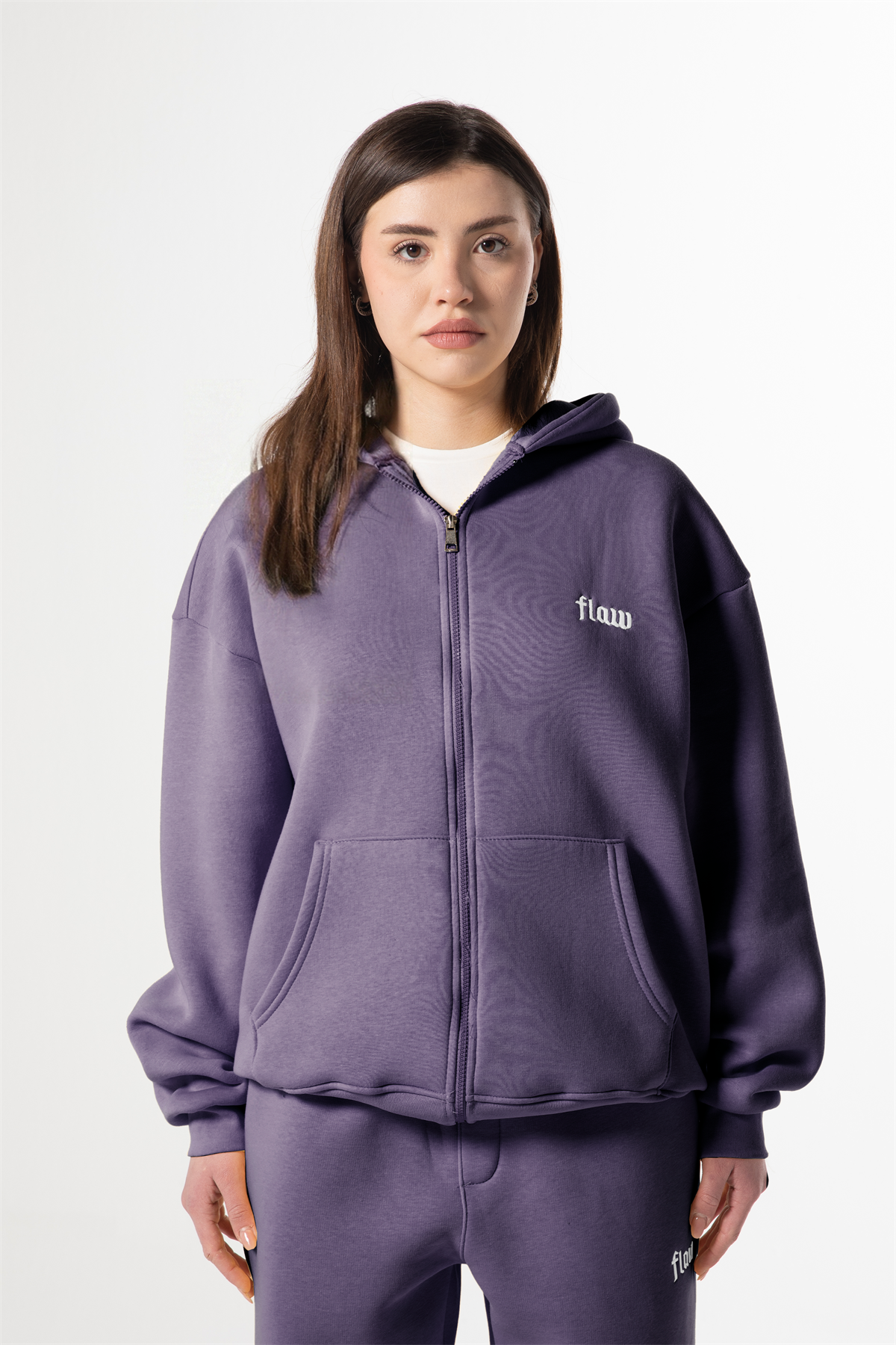 Flaw Nakışlı Mor Zip Hoodie