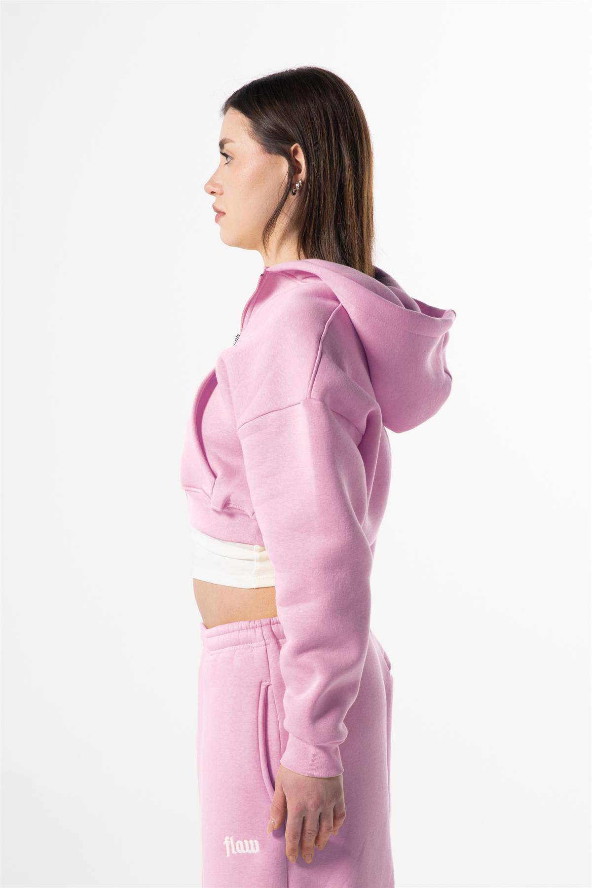 Flaw Nakışlı Pembe Zip Crop