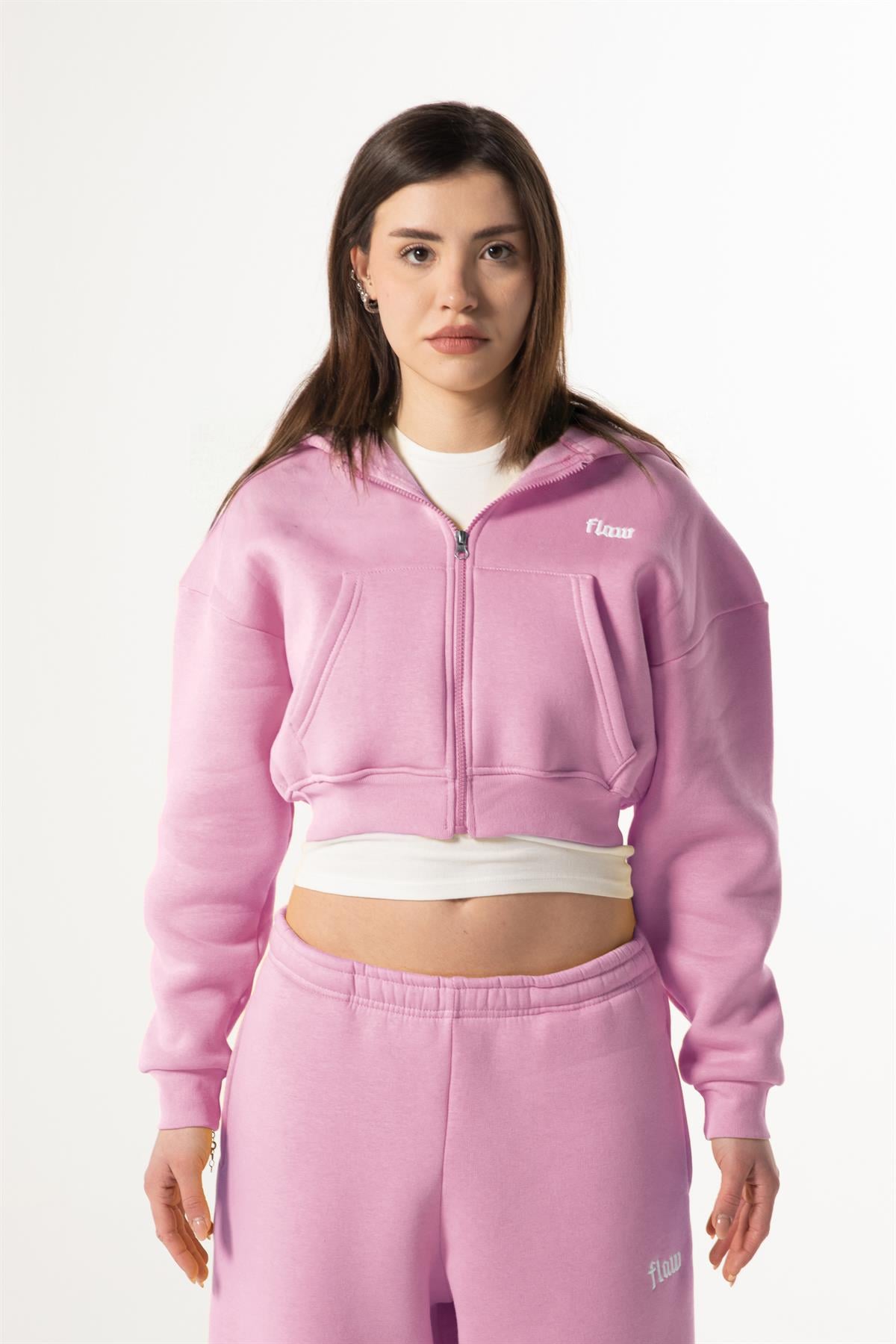 Flaw Nakışlı Pembe Zip Crop